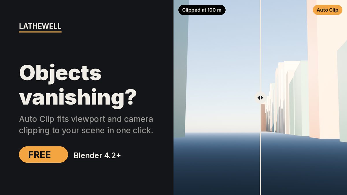 Auto Clip (free) cover: Objects vanishing when you zoom out in Blender? One click fits viewport and camera clipping to your scene. Free.