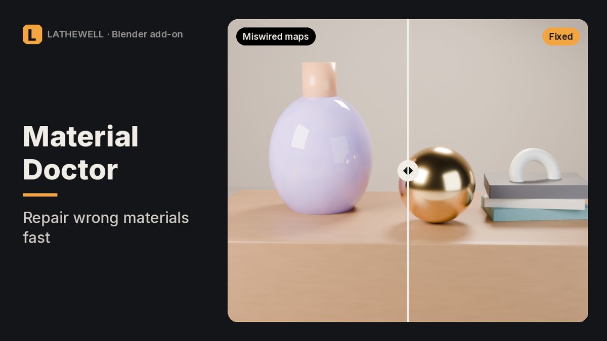 Material Doctor cover: Fixes miswired normal maps and wrong colour spaces in every Blender material at once.