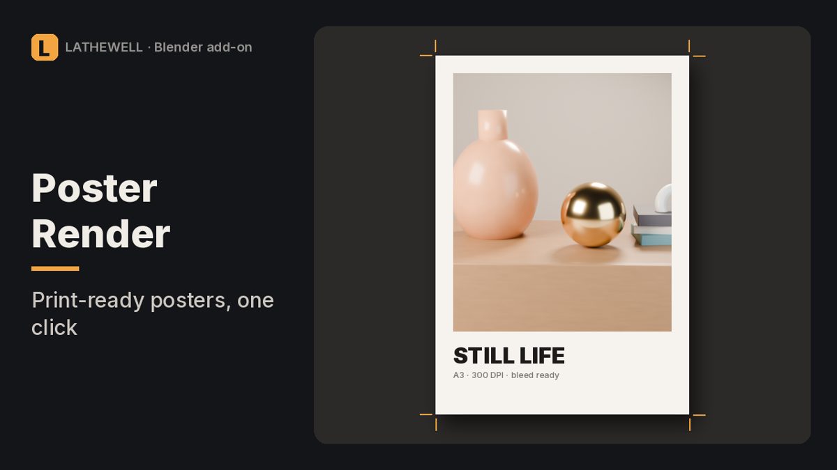 Seamless Poster Render cover: Render huge Blender stills in tiles without seams in Bloom and Glare, with print presets, DPI and bleed.