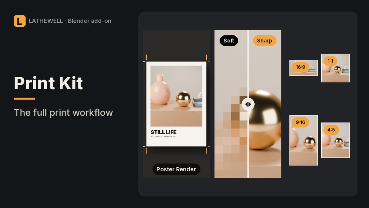 Lathewell Print Kit cover: Seamless Poster Render, Render Texel Check and Multi-Output Render in one Blender bundle: $24 instead of $30.