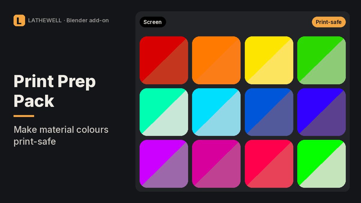 Print Prep Pack cover: Check Blender material colours against print gamuts and make them print-safe in one click, with revert.