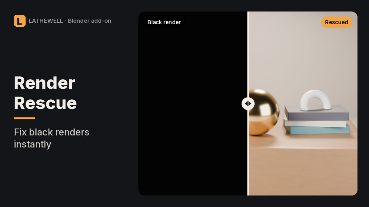 Render Rescue cover: Black, empty or wrong Blender render? Finds the setting that causes it and fixes it in one click.