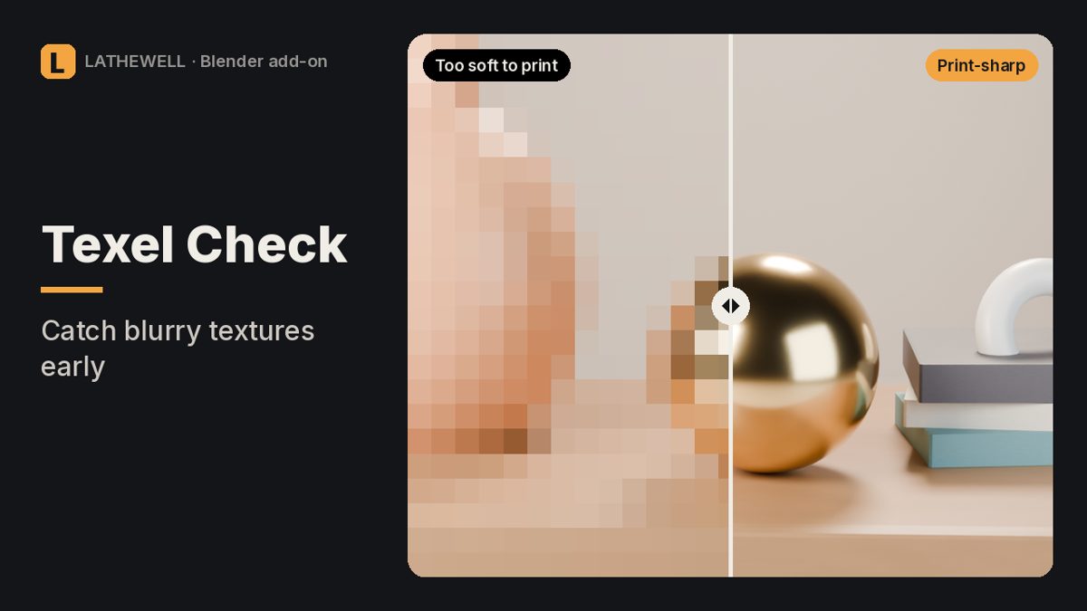 Render Texel Check cover: Find the textures that will look soft at your final render or print size, before a long render.